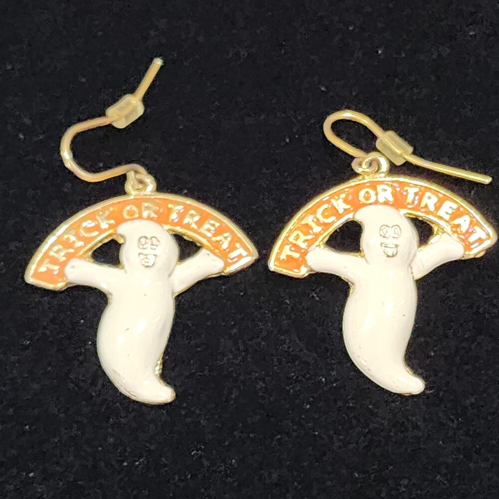 Halloween Ghost Holding Trick Or Treat Banner Ghost Dangle Earrings Gold Toned